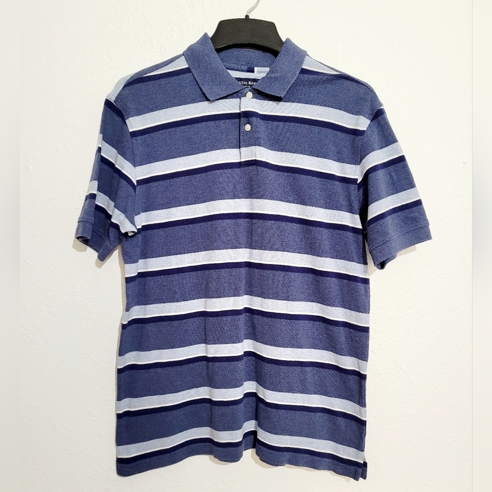 Austin Reed London Men’s Polo Shirt Size M Blue White Striped 100% Cotton